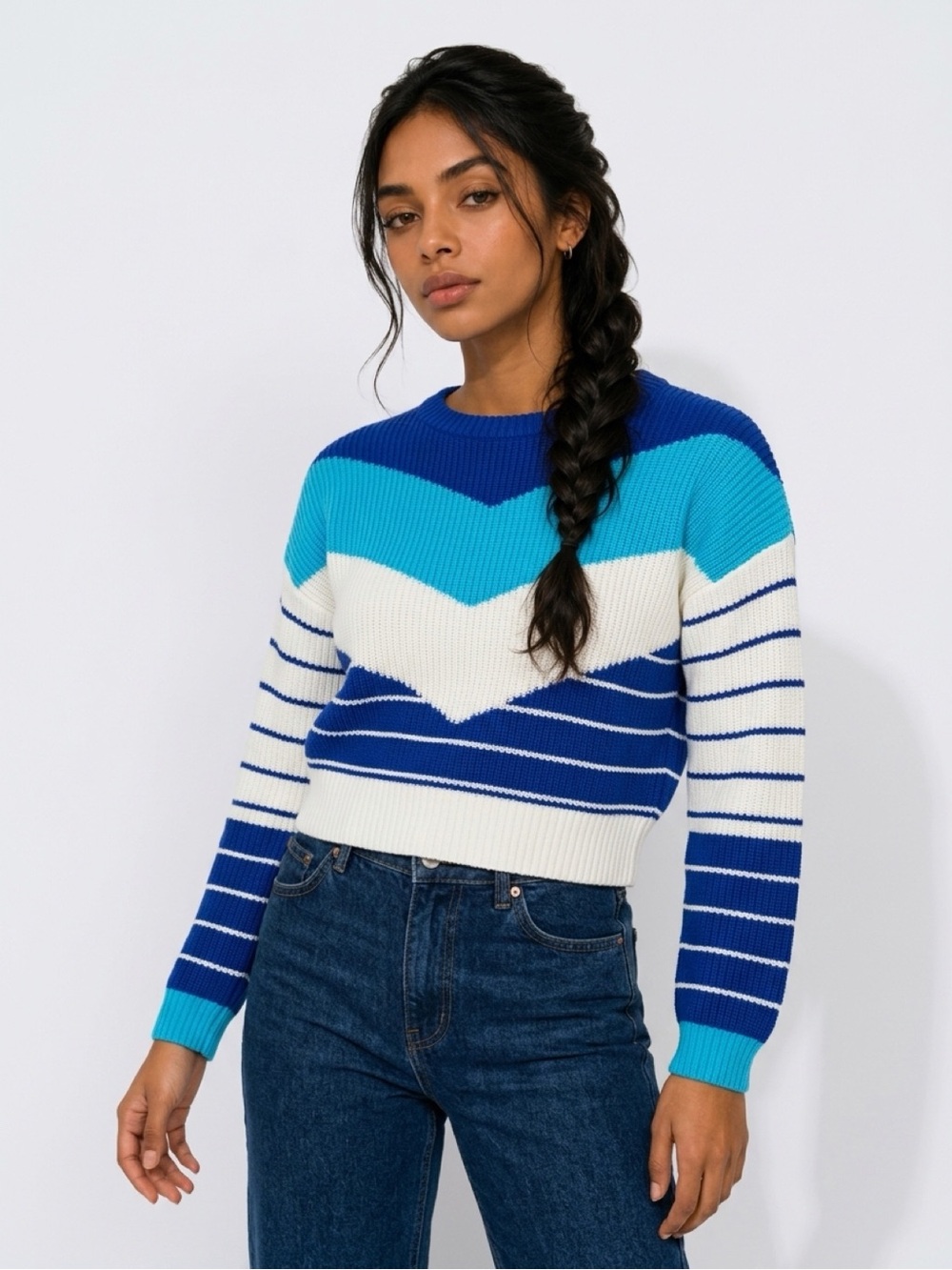 SOLID & STRIPED Royal Blue, Aqua & White Chevron Crewneck Sweater
